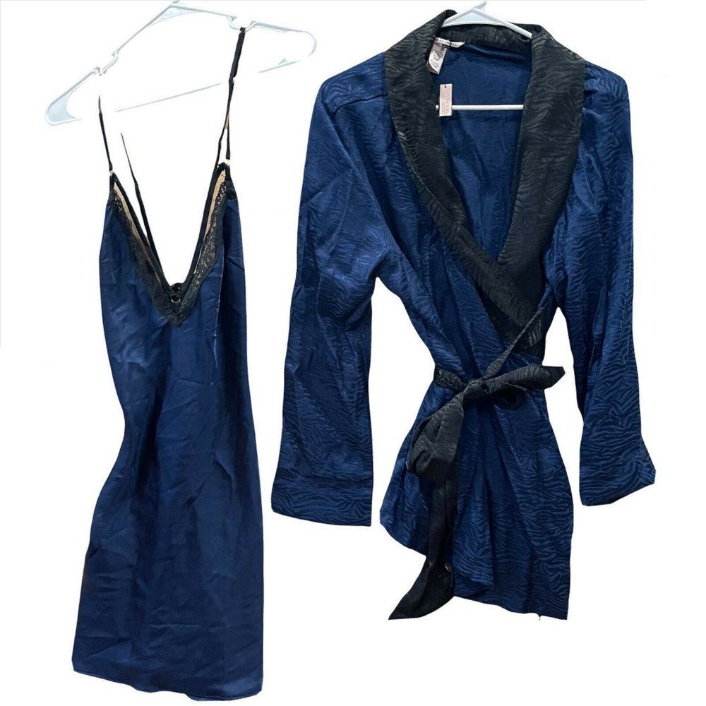 Victoria Secret women Large Blue Lace Trim Sexy Intimate Lingerie Sleepwear Robe